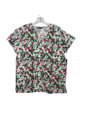 Cassandra O Holiday Print Scrub Top Shirt‎ Womens Small Red Green New